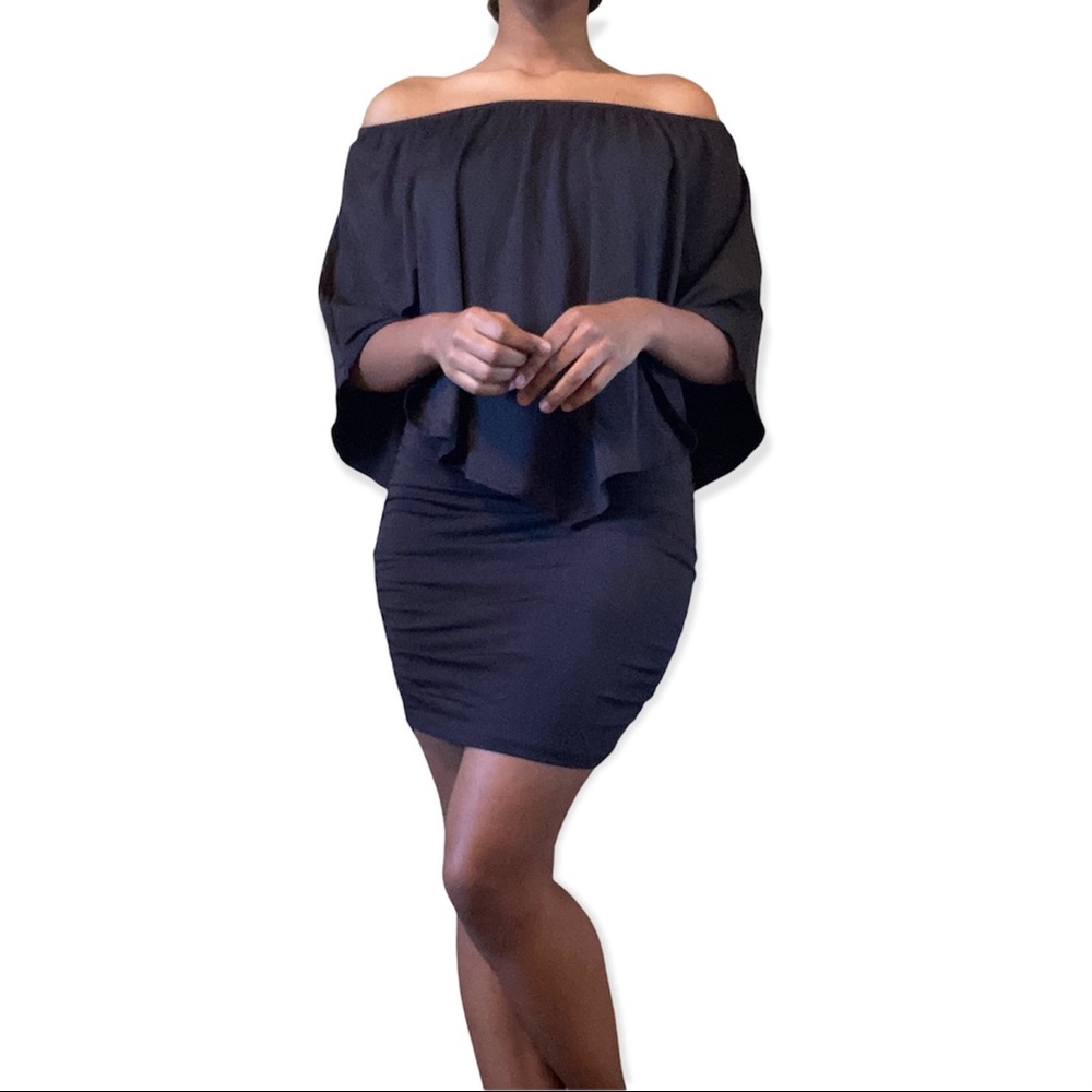 Black Strapless Ruched Draped Bodycon Dressl L